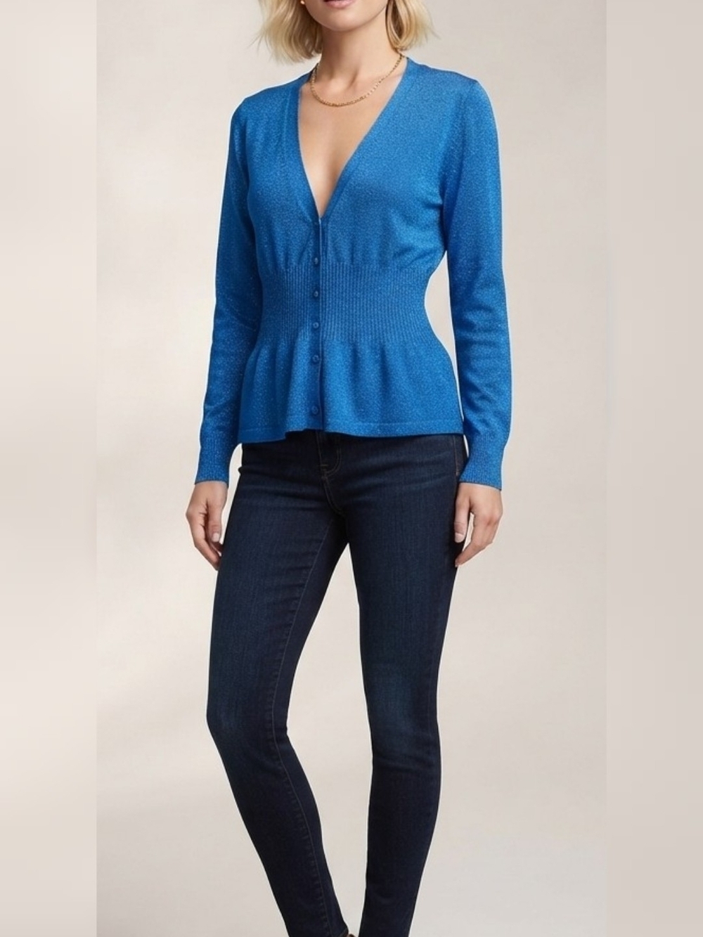 New York & Company Bright Blue V-Neck Button Cardigan